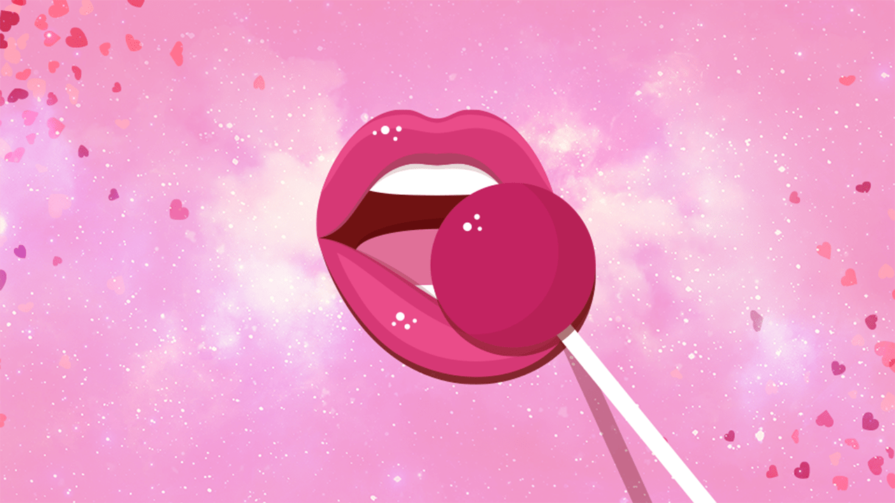 Pink illustration of an open mouth about to suck on a lollipop, full of sexual undertones