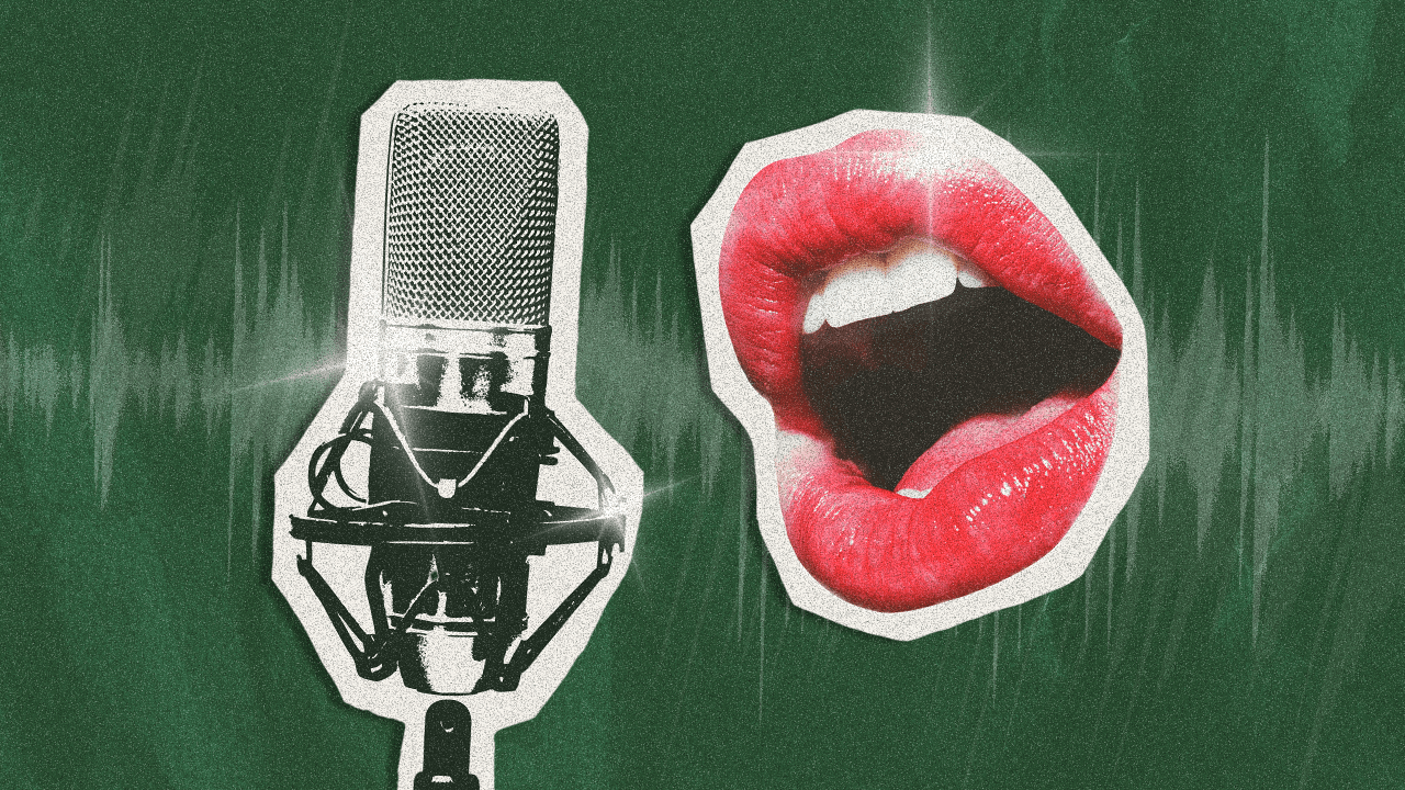 A green background with a cutout of a mouth and a microphone to sing easy karaoke songs.