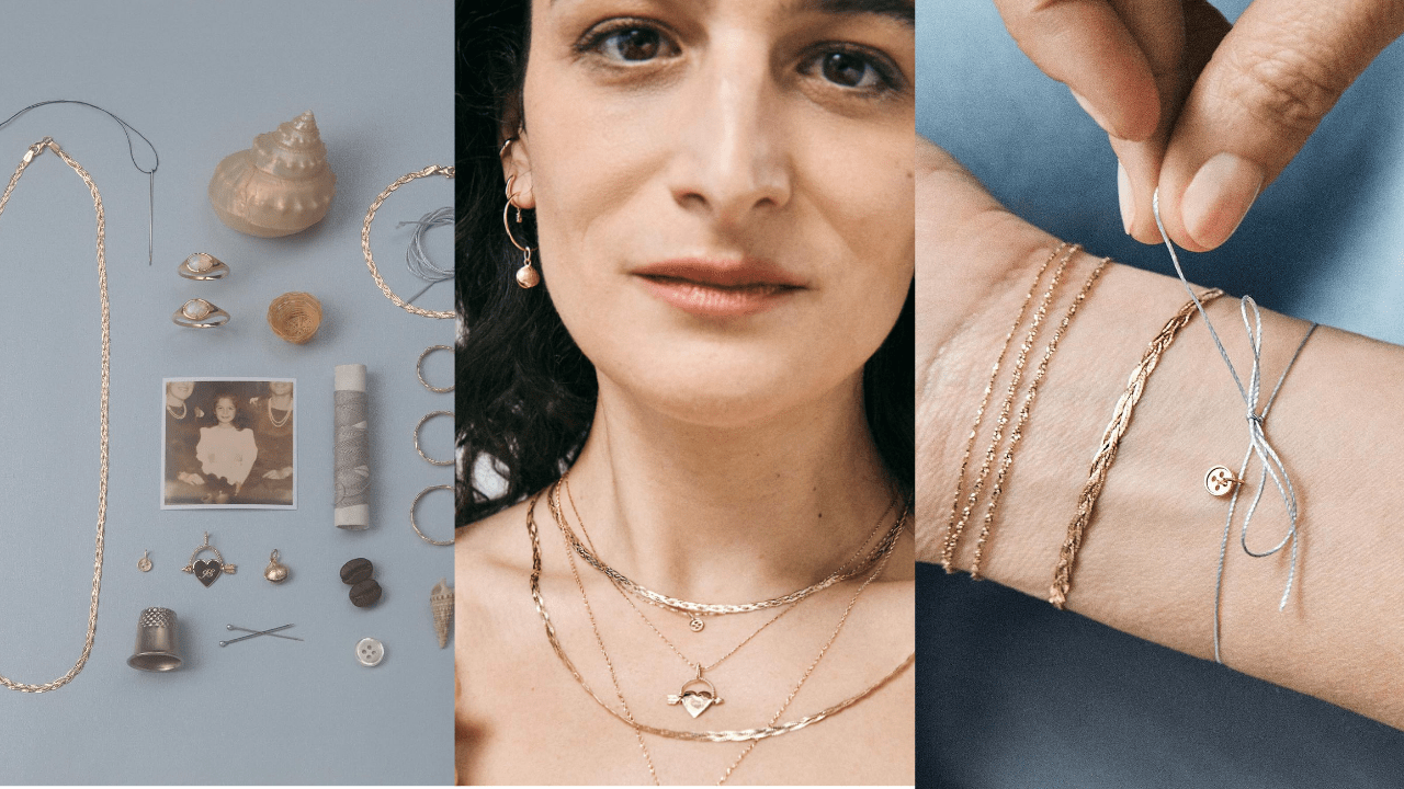 Catbird's capsule collection with Jenny Slate, including a braided chain, a heart spinner charm, a shell charm, buttons, and opals.