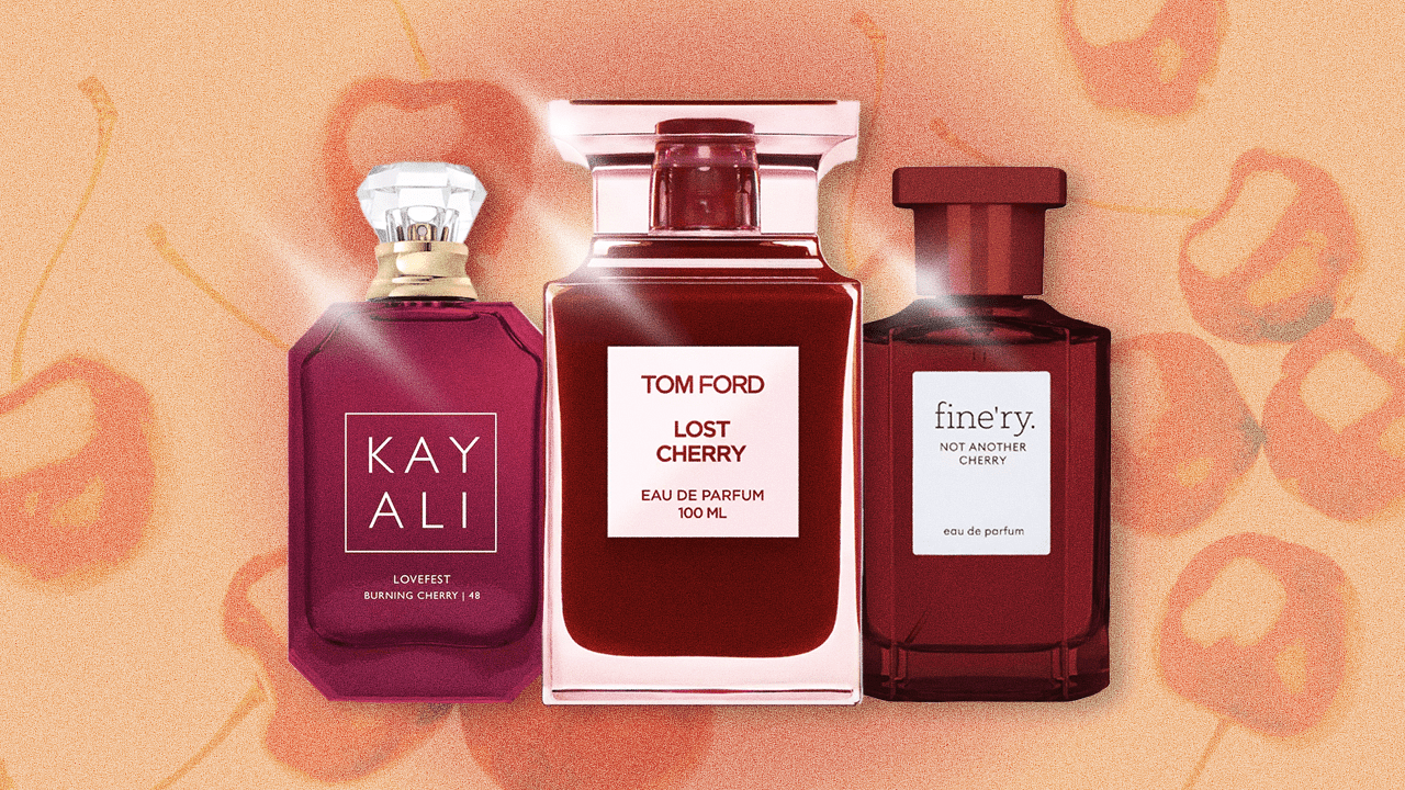 Tom Ford's Lost Cherry, Kay Ali's Lovefest, and Fine'ry's Not Another Cherry perfume in front of a cherry background.