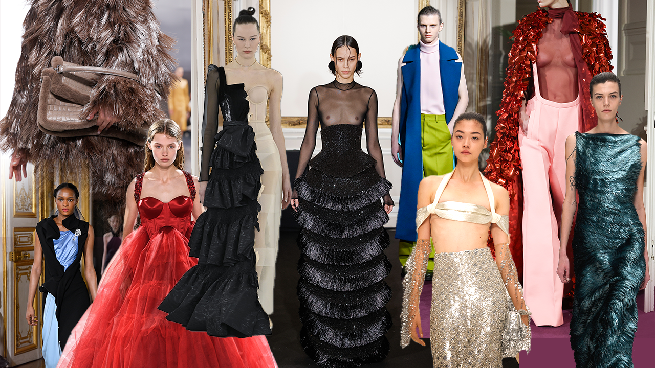 Models wearing spring 2024's hottest color trends: black and white evening gowns, pink pants and tops, red gowns and capes, teal dresses, and more