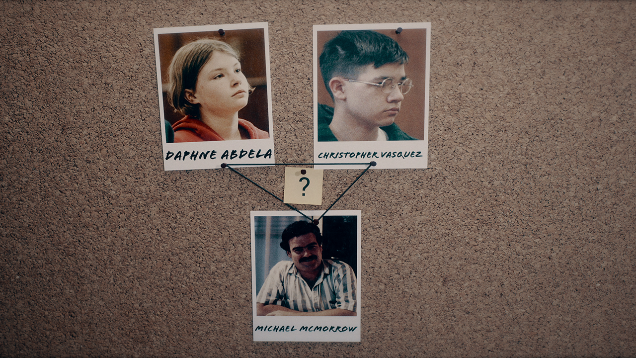 A board with polaroids of Daphne Abdela, a white woman with short hair, Chrisopher Vasquez, a Latino man with short hair, and Michael McMorrow.