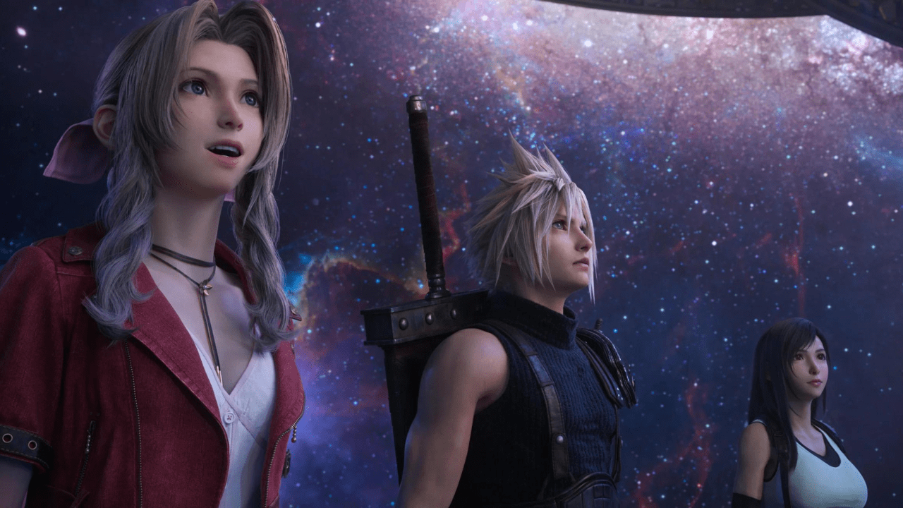 Screenshot from Final Fantasy 7 Rebirth with characters Aerith, Cloud Strife and Tifa against a starry sky