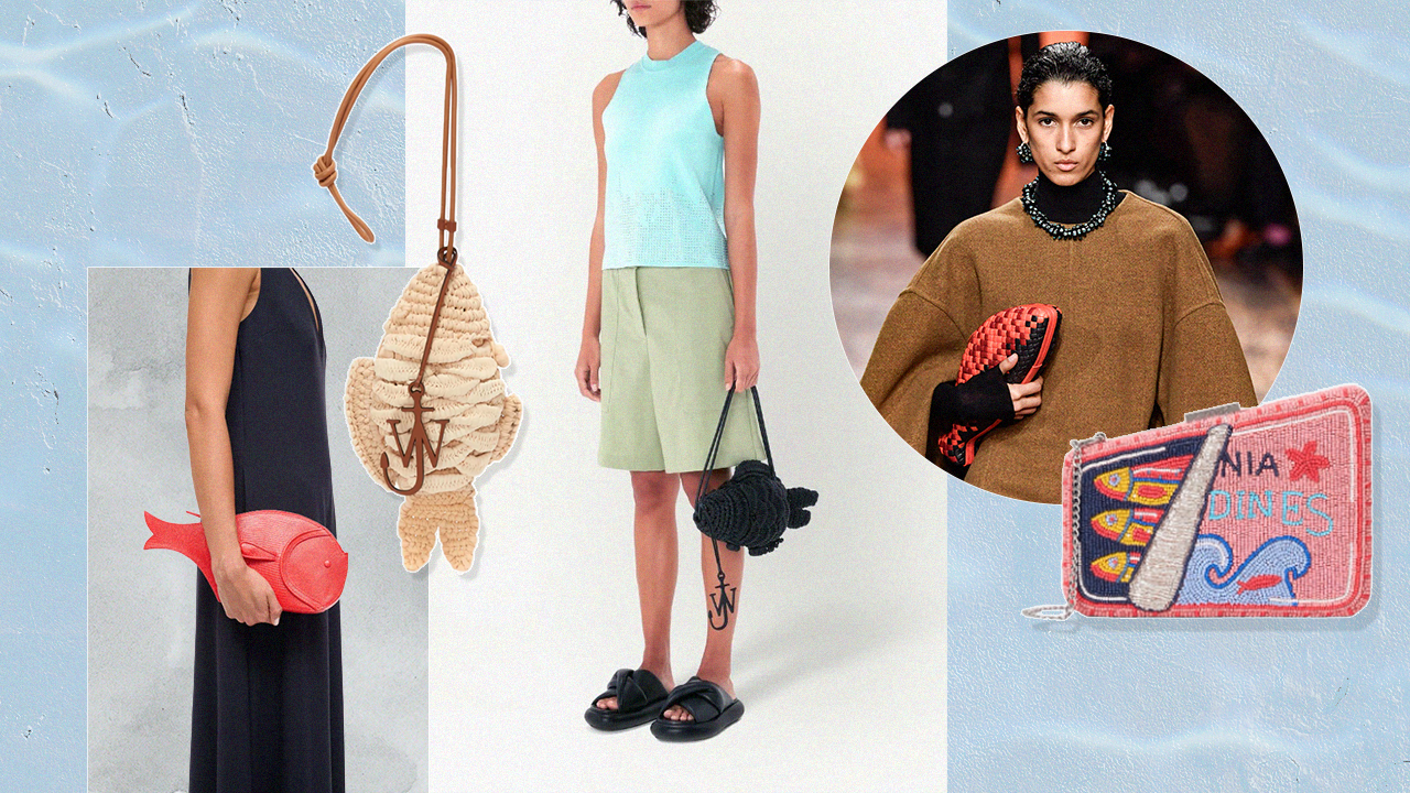 Fish clutches from Staud, JW Anderson, and Bottega Veneta collaged over a blue background