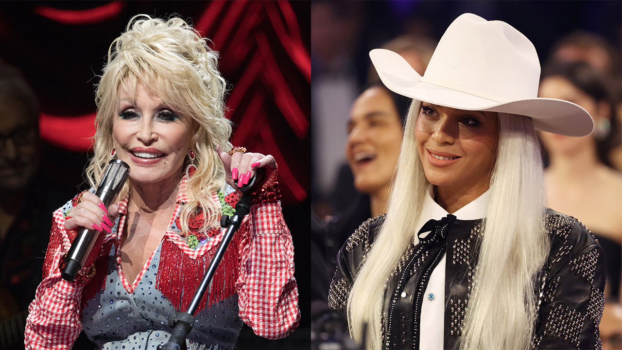 Dolly Parton, a white woman with blonde hair wearing a plaid shirt and Beyoncé, a Black woman with blonde hair wearing a cowboy hat and a black and white top.