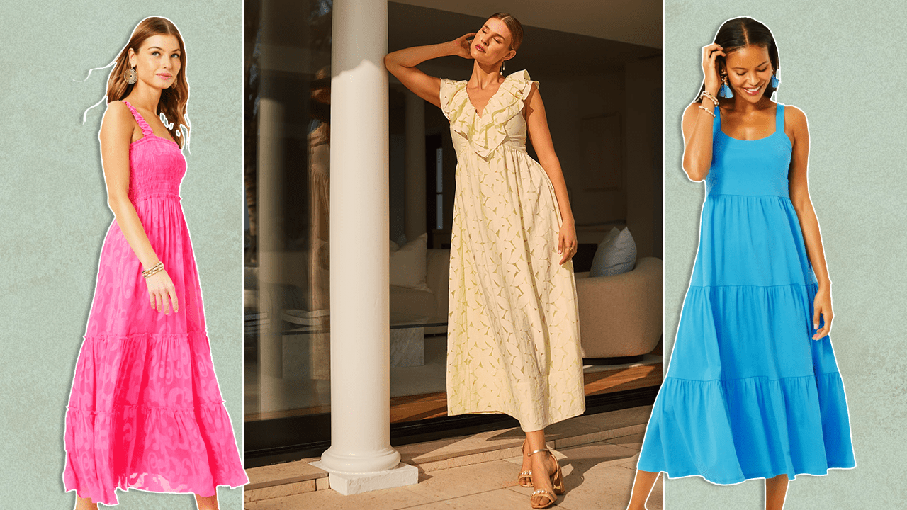 Model in bright pink maxi dress; model in light yellow maxi dress; model in bright blue maxi dress. This Nostalgic Brand Just Dropped The Prettiest Spring Dresses—& I Need Them Now
