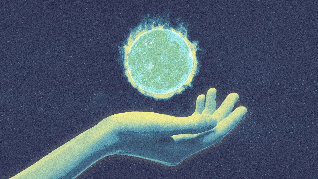 Hand holding a levitating ball of energy that resembles Mercury retrograde