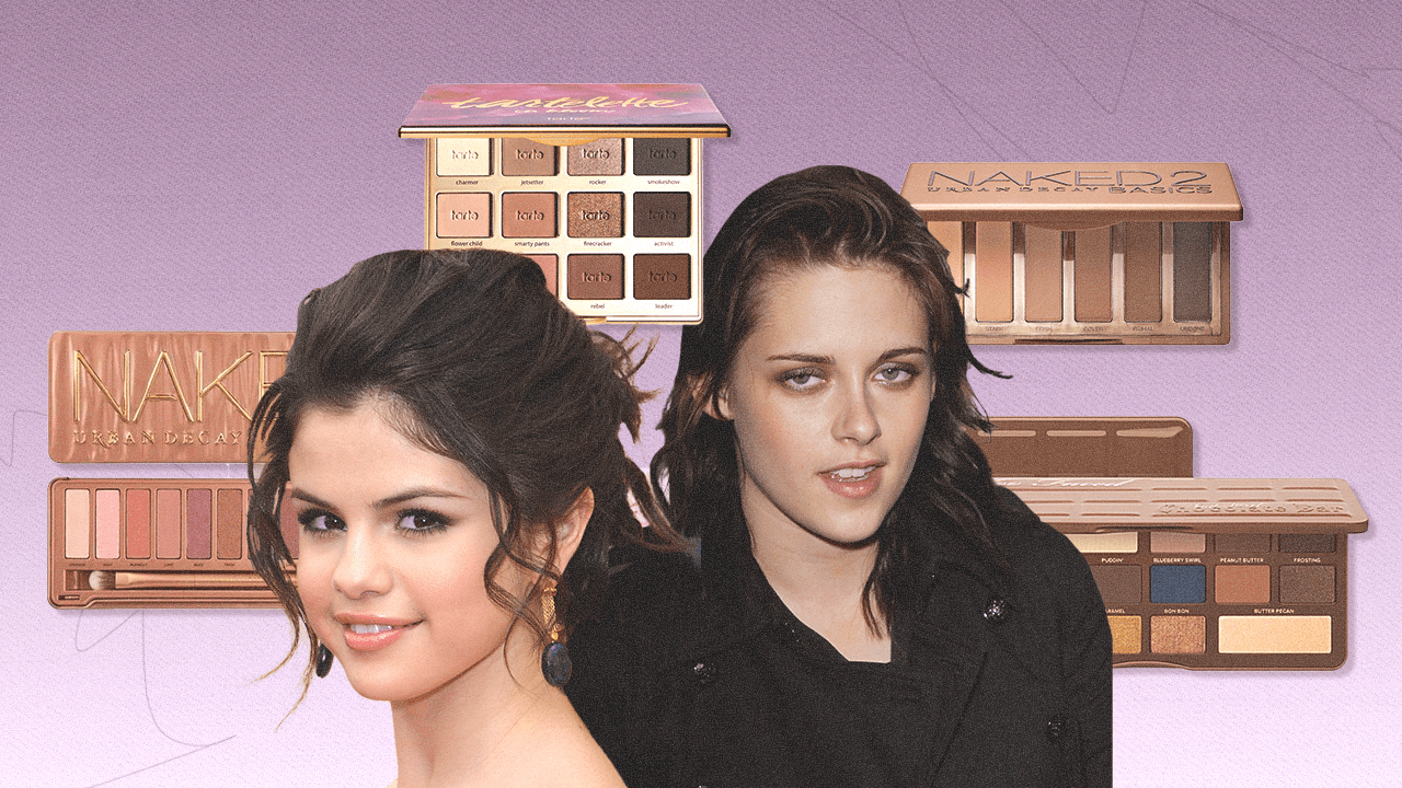 Selena Gomez and Kristen Stewart with 2010-esque makeup in front of Naked palettes, the Too Faced Chocolate Bar palette, and the Tartelette palette.