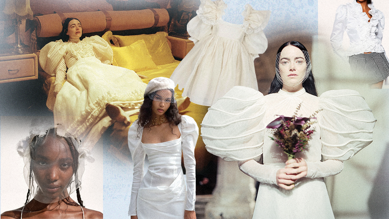 Emma Stone in Poor Things as Bella Baxter collaged with various white clothing from Selkie and For Love and Lemons.