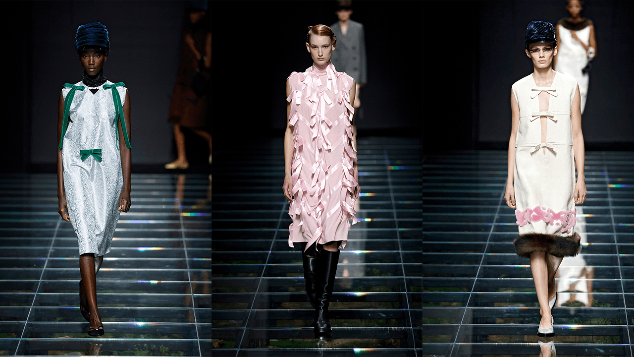 A collage of three Prada Autumn/Winter 2024 runway looks featuring bows