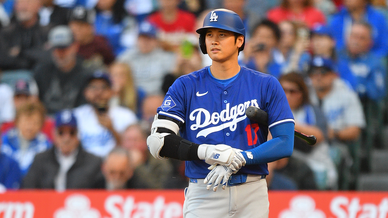 Los Angeles Dodgers designated hitter Shohei Ohtani (17) looks on during the MLB Spring Training game between the Los Angeles Dodgers and the Los Angeles Angels of Anaheim on March 26, 2024 at Angel Stadium of Anaheim in Anaheim, CA.