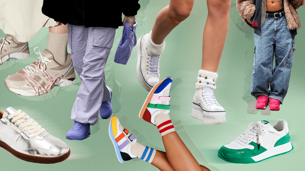 A collage of models wearing spring sneaker trends and standalone on-trend sneakers
