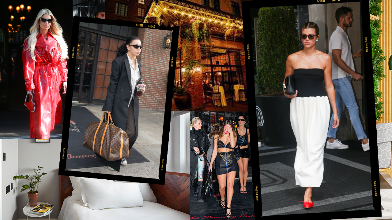 Jessica Simpson, Charli XCX, Addison Rae, and Sophia Richie stepping out of trendy hotels, collaged over photos of The Bowery Hotel