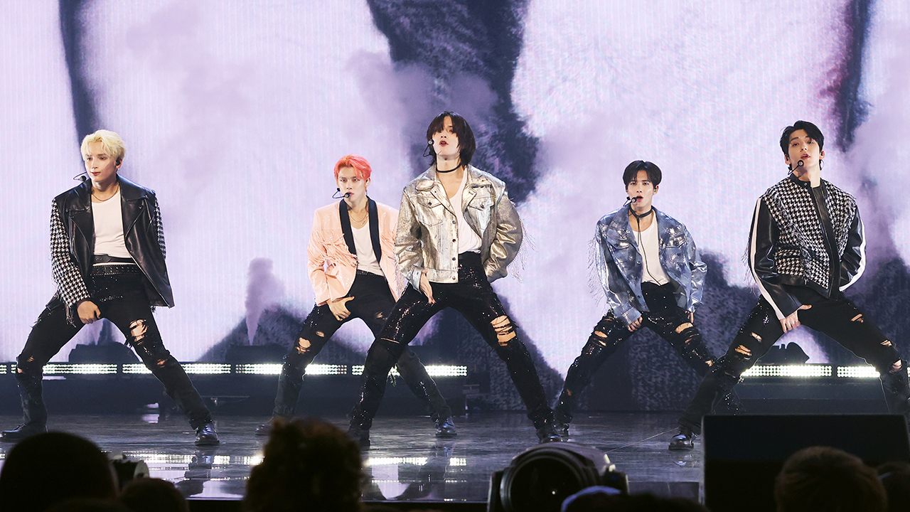 : Huening Kai, Yeonjun, Beomgyu, Beomgyu, Kang Taehyun, and Soobin of Tomorrow x Together perform onstage during the 2023 MTV Video Music Awards at Prudential Center on September 12, 2023 in Newark, New Jersey.